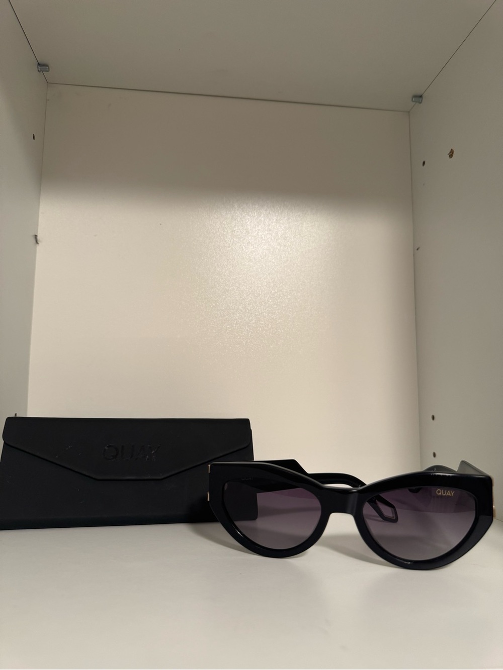 Quay Australia Mad Cute Black Cat Eye Sunglasses with Purple-Tinted Lenses